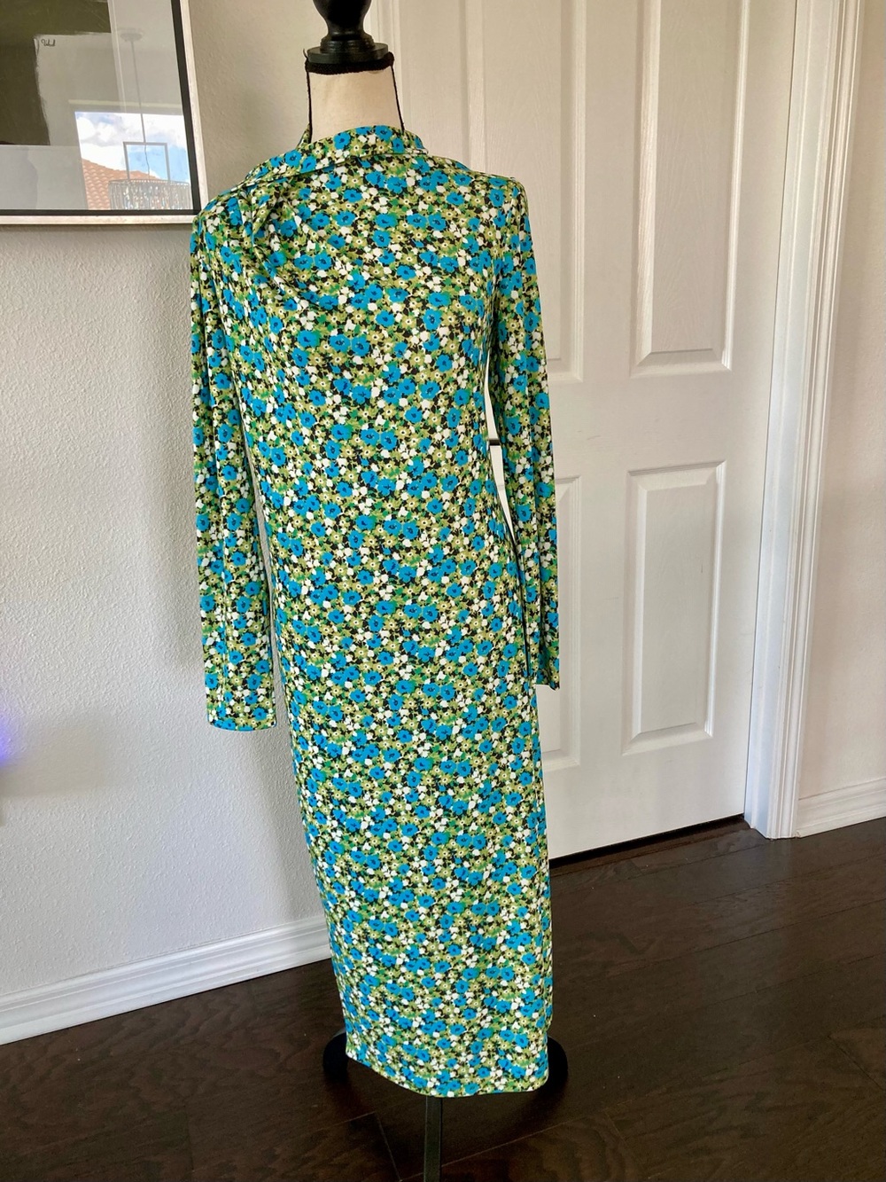 Floral Long Sleeve Maxi Dress in Blue and Green.  The back has a deep low cut.